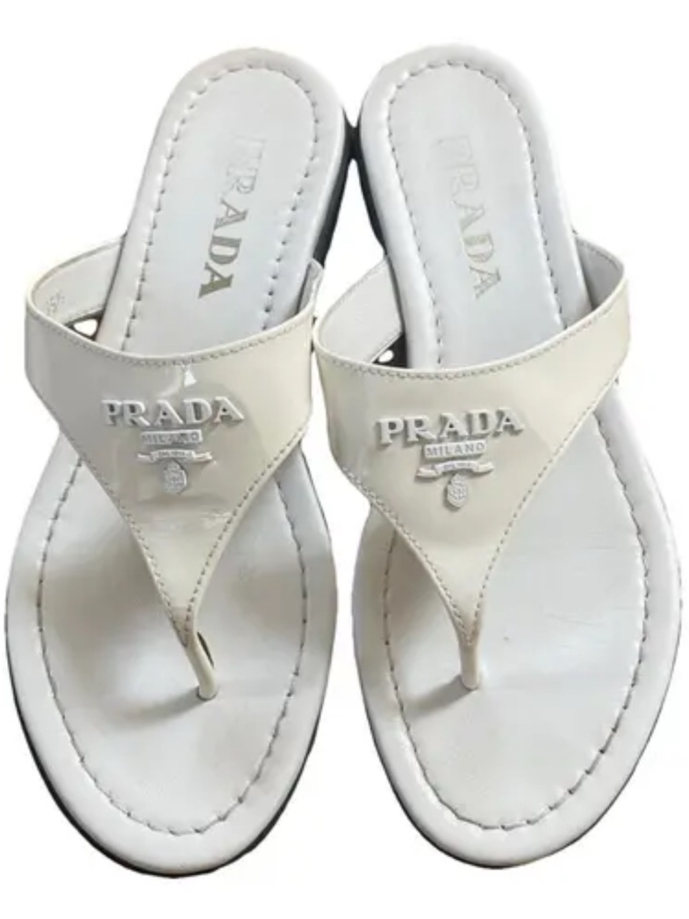 Prada White Patent Leather Logo Thong Sandals - Women